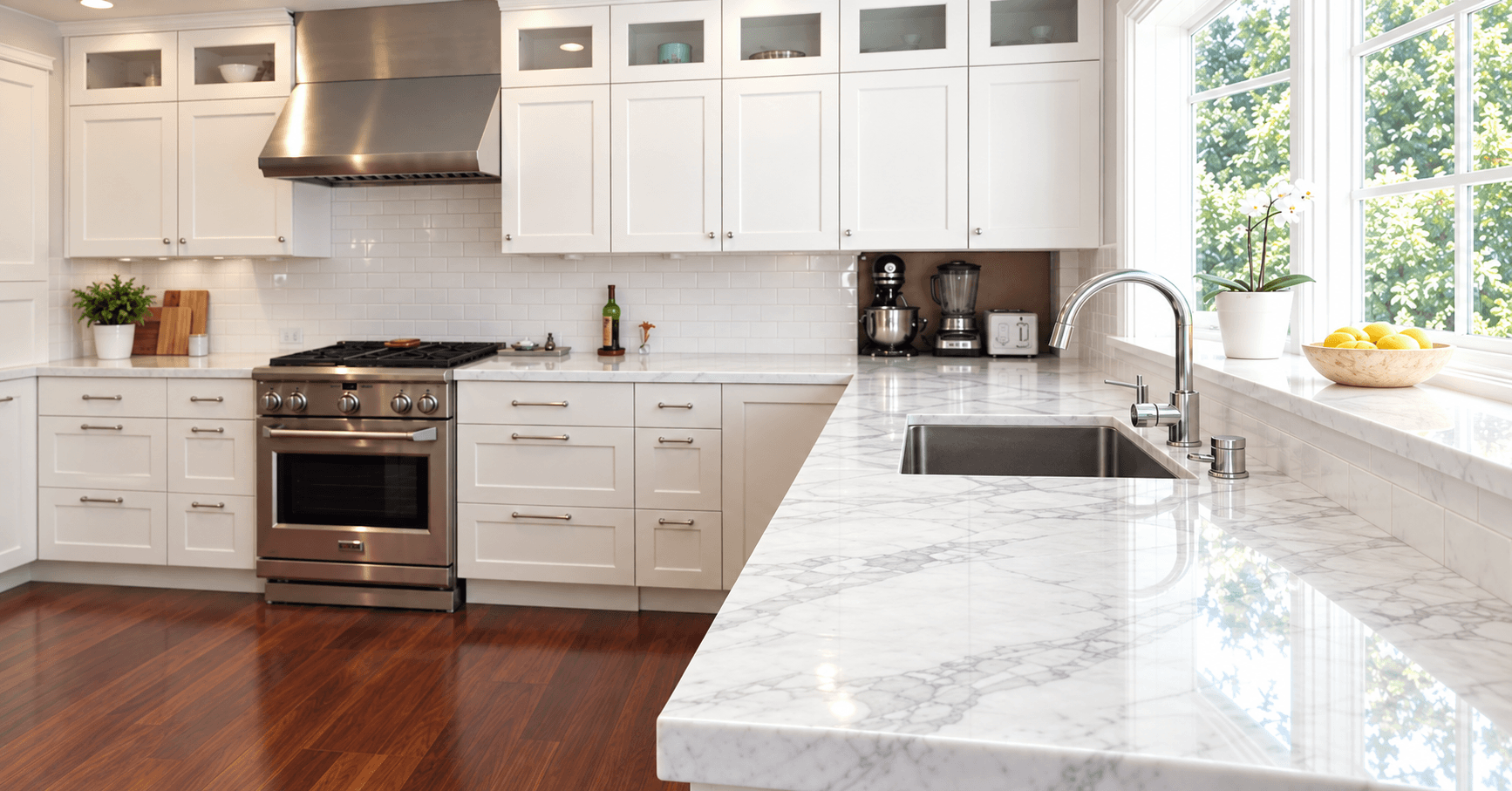 Bright white kitchen with a light stone countertop showing soft gray veining along the sink run